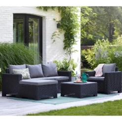 Keter California 4 Seater Outdoor Garden Furniture Chaise Lounge Set - Graphite With Grey Cushions -Herbs Growing Sales Store 14539596 8735041801824465